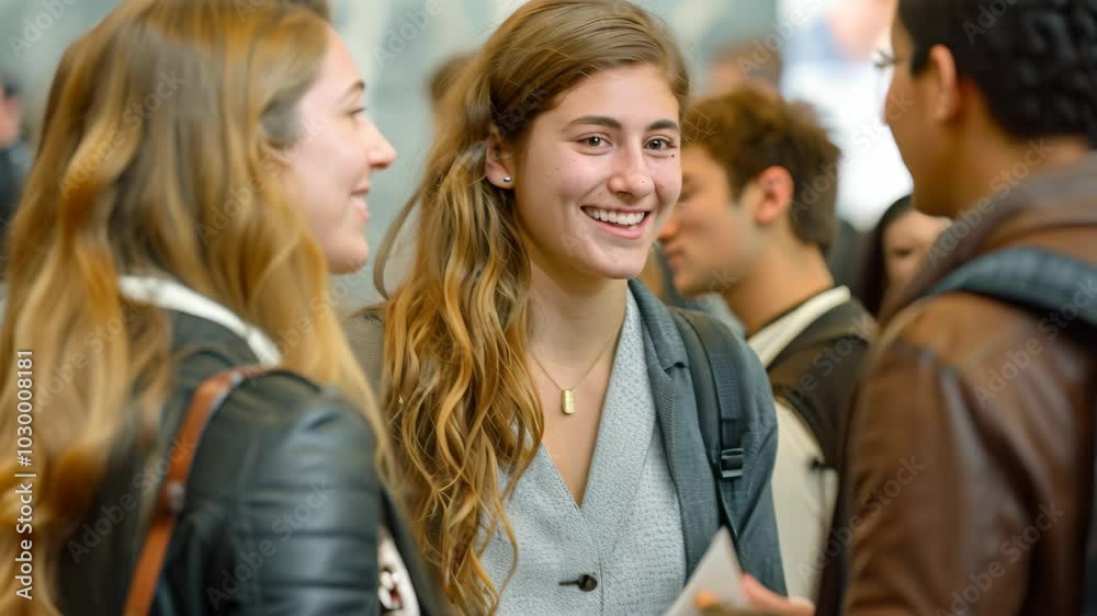 Students mingle and chat at a bustling university career fair, Students networking at a career fair