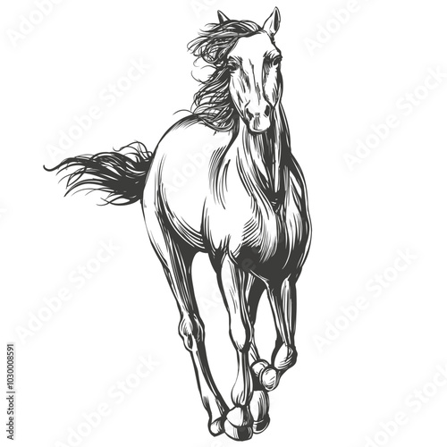 horse, the horse is galloping fast, logo, hand drawn vector illustration realistic sketch