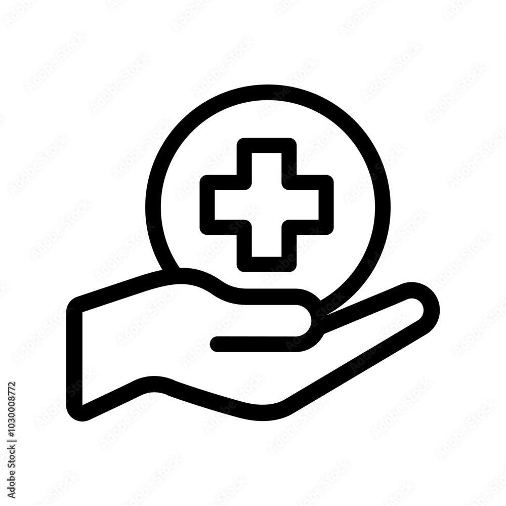 Obraz premium Medical health care line icon set, logo, label, badge, sticker, symbol, emblem, stamp, black, line, flat vector, isolated illustration. Health and beauty with hand label for product packaging design.