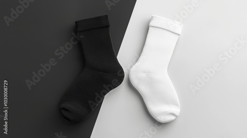 Blank black and white shortsock design mockup, isolated. Pair of sport cotton socks with a simple layout, perfect for branding or product display. photo