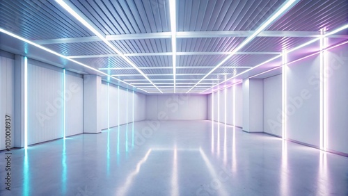 The image shows a large, empty room with a white tiled ceiling and bright, contrasting, blue and pink neon lights that illuminate the glossy floor.  The room has a simple, futuristic, and minimalist