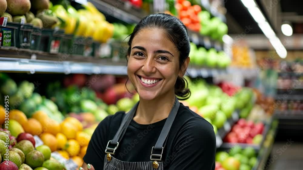 A woman smiles at the camera while standing in a produce aisle at a grocery store A woman smiles at the camera while standing in a produce aisle at a grocery store
