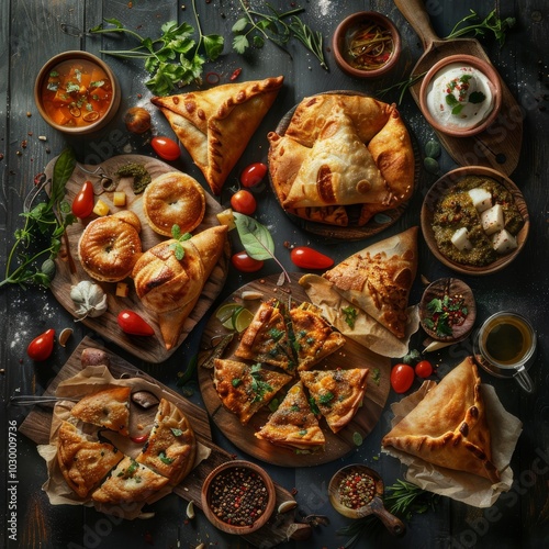 Asian Pies Set with Qutab, Homemade Samosa, Indian Samsa, Traditional Uzbek Burekas photo