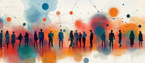 Panel kuchenny z motywem Silhouette of a group of people standing together against a watercolor background with abstract dots connected by lines.