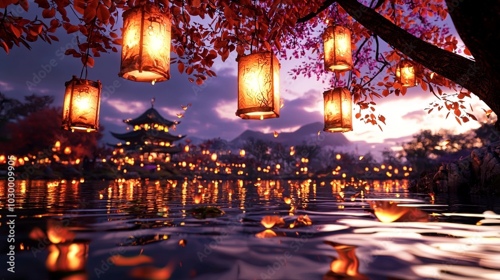 Serene Countryside Scene with Lanterns at Dusk Serene Countryside Scene with Lanterns at Dusk