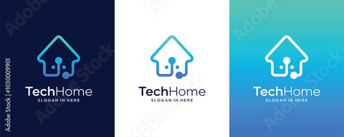 Home Tech with connection dot line art style Vector logo design template