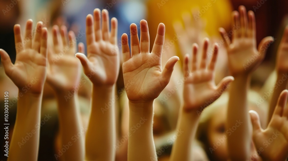 Close-up of Hands Raised in Class, students stretching their hands high to answer a teacher question Close-up of Hands Raised in Class, students stretching their hands high to answer a teacher question
