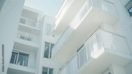 A low angle view of a white building with balconies, seen against a bright blue sky.