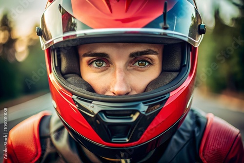 A tight shot of an individual wearing a red and black motorcycle helmet, with their hand cradling a cell phone to their ear