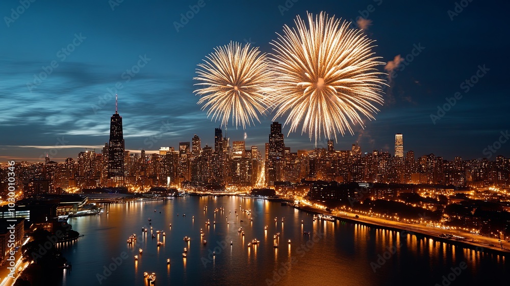 Fototapeta premium Vibrant City Skyline with Fireworks Display at Night