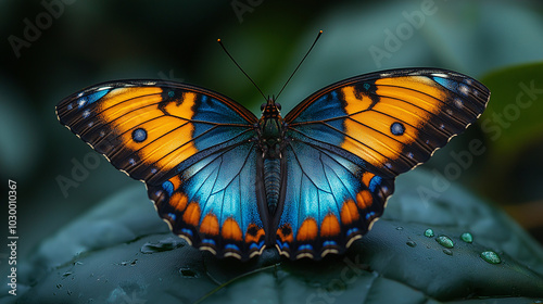 Tropical butterfly. Blue orange nice insect in the nature habitat, beauty on the green leave in the forest. Nature wildlife. photo