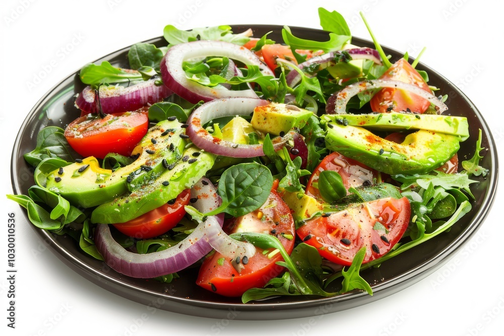 Salad with Avocado, Tomatoes and Onions on Flat Restaurant Plate Isolated on White Background Salad with Avocado, Tomatoes and Onions on Flat Restaurant Plate Isolated on White Background
