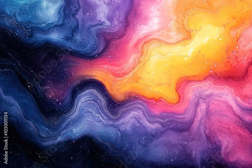 A marbled watercolor background features vivid liquid colors.