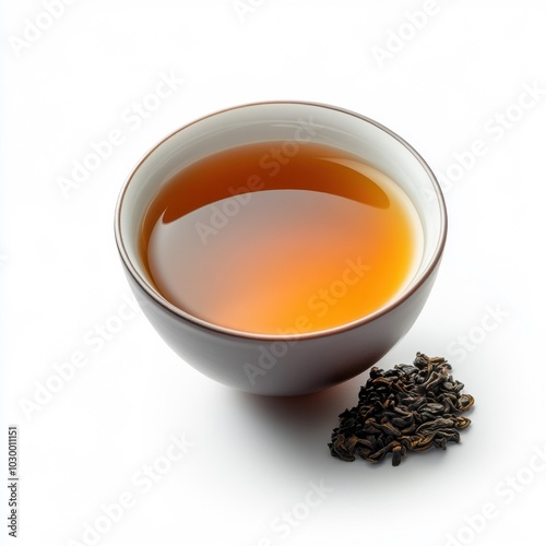 Ultrarealistic image of oolong tea in white ceramic cup on clean background