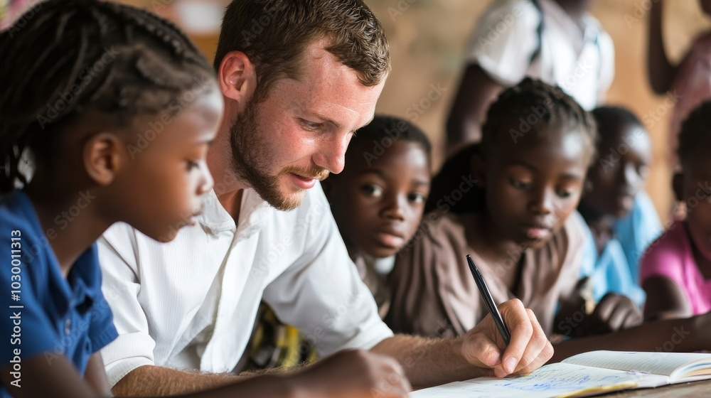 Close-up Teacher with Students, a teacher giving feedback on a student notebook, others listening attentively