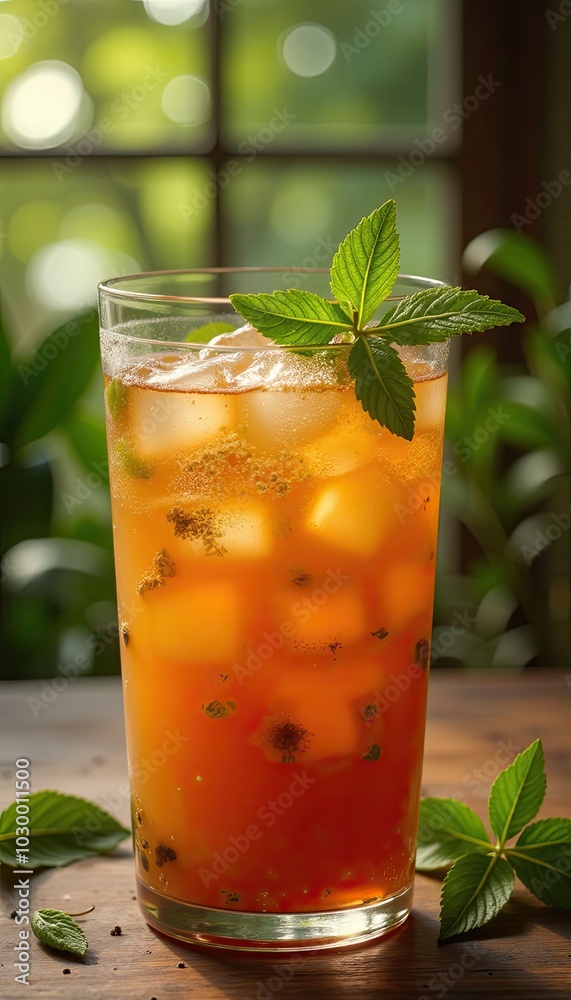 Two glasses of iced tea with mint leaves on top. A plate of lemons and limes Two glasses of iced tea with mint leaves on top. A plate of lemons and limes