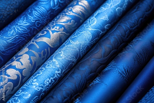 Close-up of blue patterned fabric rolls. Perfect for fabric, textile, and design projects.