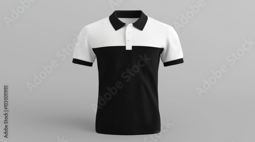 Plain black and white polo shirt mockup isolated, front view, 3d rendering. High-quality cotton fabric, short sleeves, empty uniform for logo or design placement