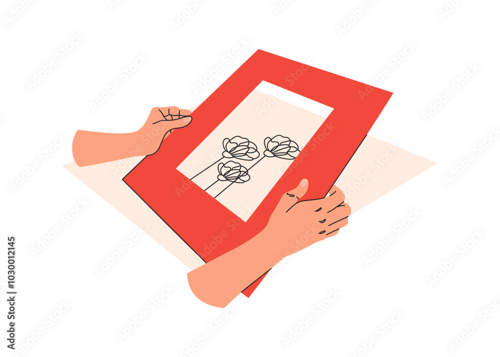 Selection of design for the poster. Bright mat for a minimalistic illustration. Craftworker in framing workshop. Flat vector illustration of hand-made handicraft isolated on white background.