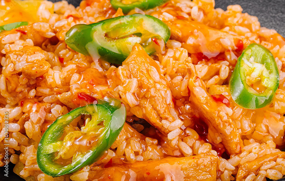 Spicy chicken and rice dish garnished with sliced jalapenos Spicy chicken and rice dish garnished with sliced jalapenos