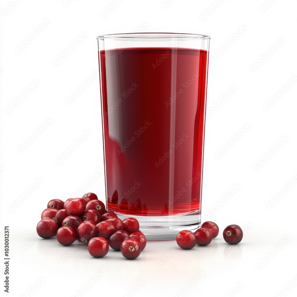 Fresh cranberry juice with whole berries on white background for beverage design