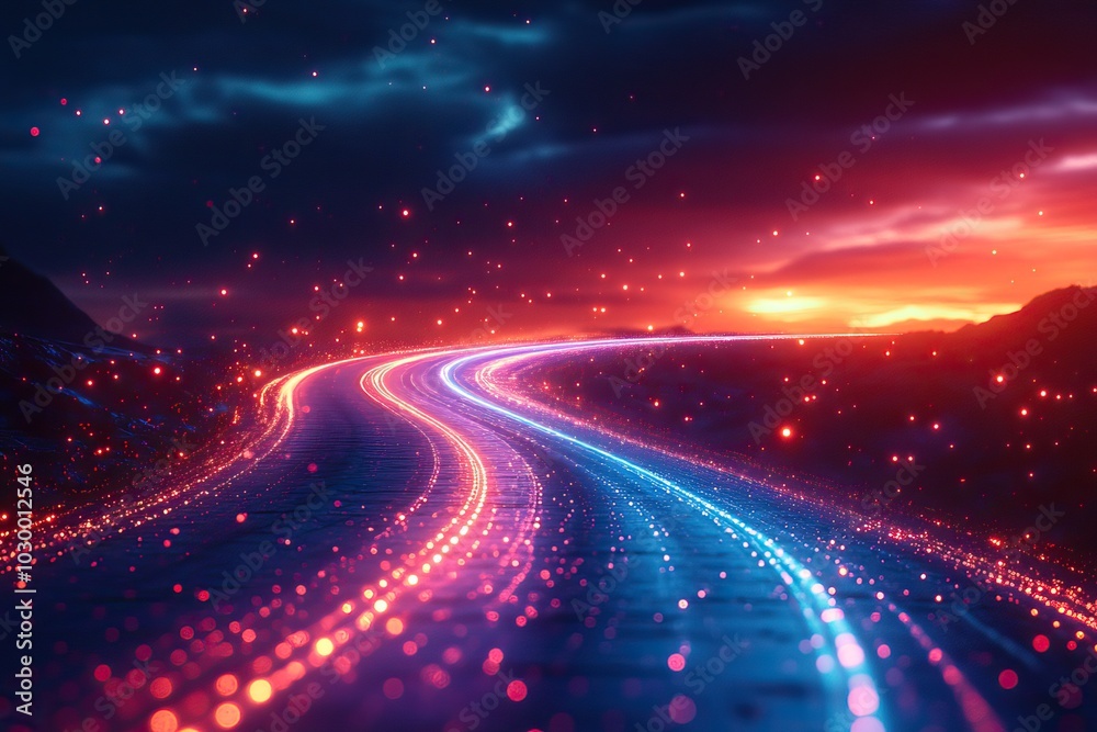 Colorful abstract background with vibrant light streaks converging towards the horizon.
