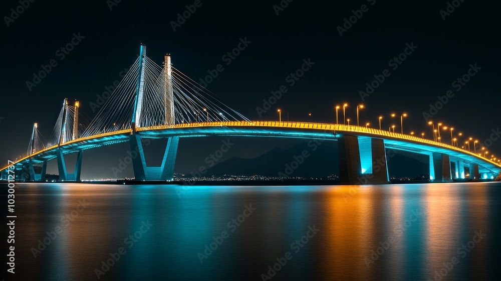 Fototapeta premium A modern cable-stayed bridge illuminated at night with lights reflecting on the water.