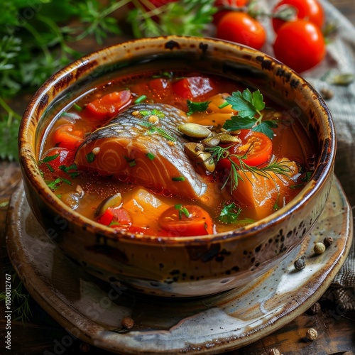 Red Fish Soup with Salmon and Pike Perch, Traditional Homemade Ukha, Bouillabaisse photo