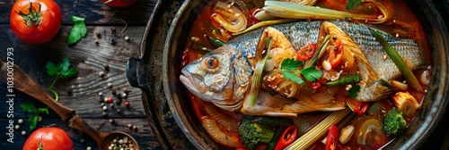 Azeri Syrdak with Sea Bass, , Homemade Asian Seafood Dish, Vegetables and Leek on Natural Moss photo