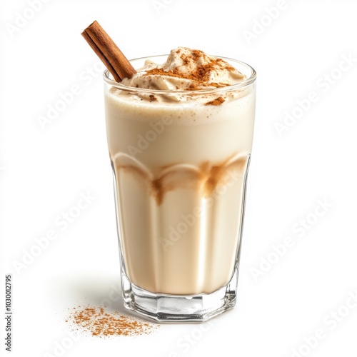 Creamy horchata drink with cinnamon stick on white background for beverage design