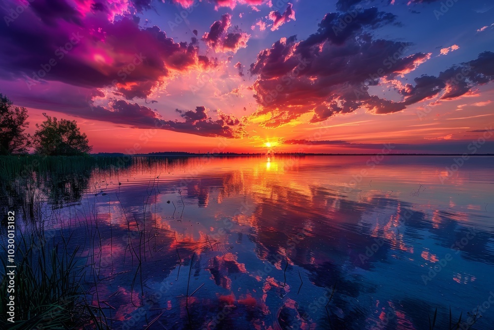 Beautiful sunset over tranquil lake, colorful reflections on water, summer paradise mockup Beautiful sunset over tranquil lake, colorful reflections on water, summer paradise mockup