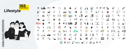 Multiracial lifestyles outline illustrations mega bundle. Wedding ceremony. LGBT pride. Online shopping. Mental health. Heatstroke 2D linear images isolated. Collection black and white vector drawings