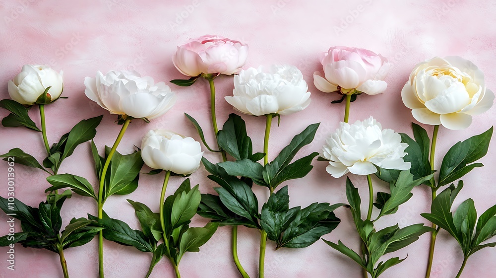 A beautiful arrangement of white and pink peonies on a soft pink background, perfect for wedding invitations, greeting cards, and other romantic designs A beautiful arrangement of white and pink peonies on a soft pink background, perfect for wedding invitations, greeting cards, and other romantic designs