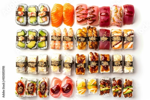 Sushi Big Set, Various Maki Sushi, Baked Norimaki, Kappamaki Rolles Collection with Salmon