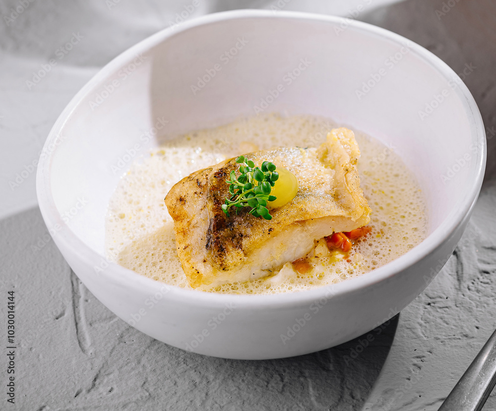 Gourmet fish fillet in creamy sauce on stone background Gourmet fish fillet in creamy sauce on stone background