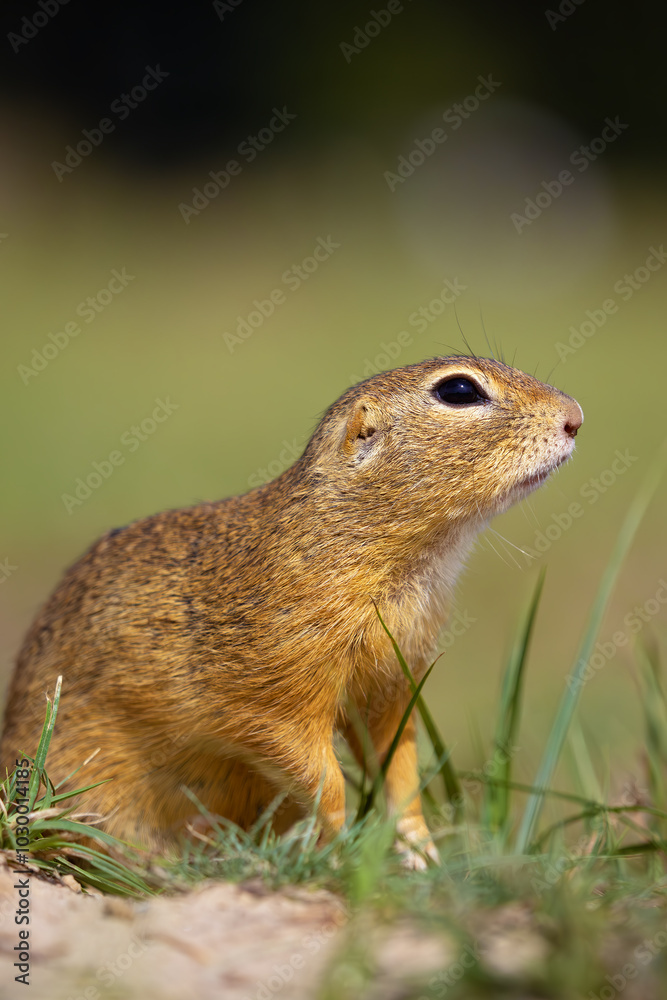 European ground squirrel (Spermophilus citellus), also known as the European ground squirrel, portrait of a small rodent in its natural habitat. European ground squirrel (Spermophilus citellus), also known as the European ground squirrel, portrait of a small rodent in its natural habitat.