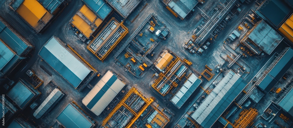 Aerial view of a large industrial complex with various buildings and structures. Aerial view of a large industrial complex with various buildings and structures.