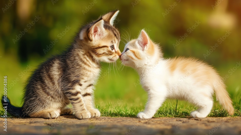 Kitten and Puppy Playfully Touch Noses in Nature Kitten and Puppy Playfully Touch Noses in Nature