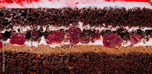Chocolate cake with cherries and cream filling showing its texture