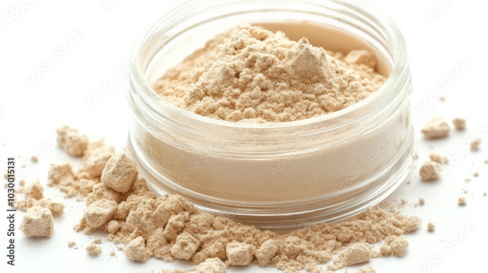 Protein powder in a clear plastic jar on a white background Protein powder in a clear plastic jar on a white background