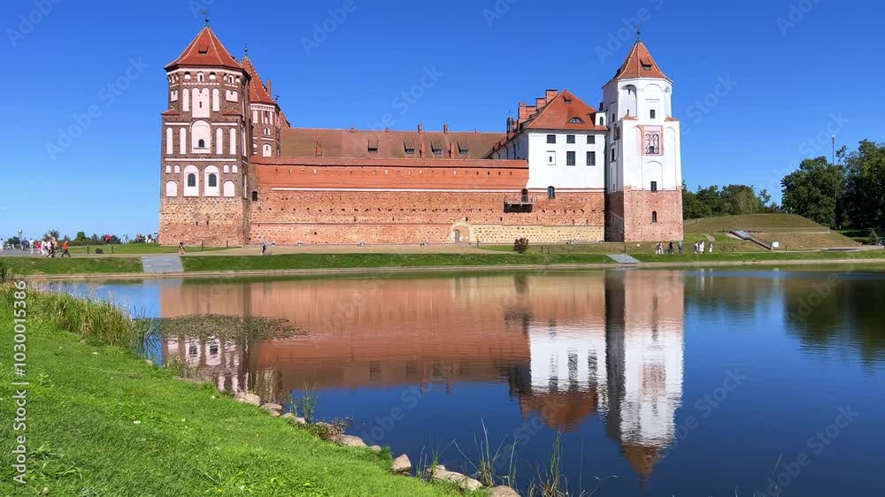 Mir Castle complex. The Architectural Ensemble Of Feudalism, An Ancient Cultural Monument, A UNESCO World Heritage Site. Under the Blue Sky, Mir Castle of the XVI-XX centuries. Belarusian Gothic. 4К Mir Castle complex. The Architectural Ensemble Of Feudalism, An Ancient Cultural Monument, A UNESCO World Heritage Site. Under the Blue Sky, Mir Castle of the XVI-XX centuries. Belarusian Gothic. 4К