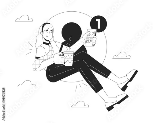 One new message notification black and white 2D illustration concept. Coffee break business woman scrolling feed phone outline character isolated. Social media manager metaphor monochrome vector art