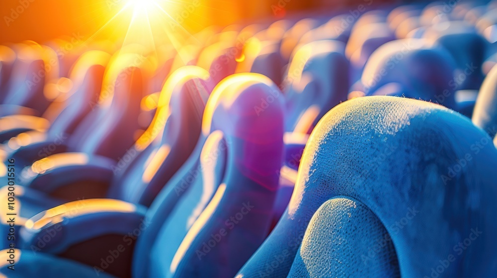 Obraz premium Sunlit Rows of Blue Seats in an Empty Auditorium