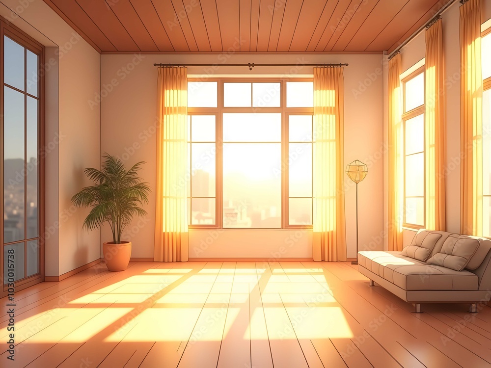A spacious room featuring a vast window Sunlight casts a lengthy shadow onto the wall and floor A spacious room featuring a vast window Sunlight casts a lengthy shadow onto the wall and floor