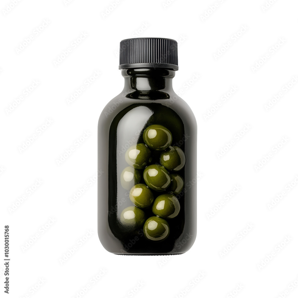 A bottle of pills with a black cap and a green label