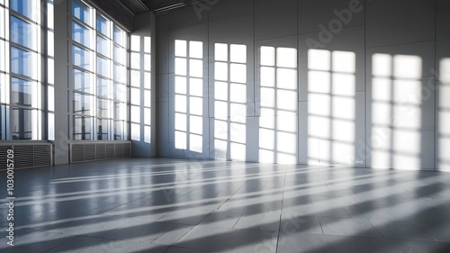 A spacious room featuring a vast window Sunlight casts a lengthy shadow onto the wall and floor