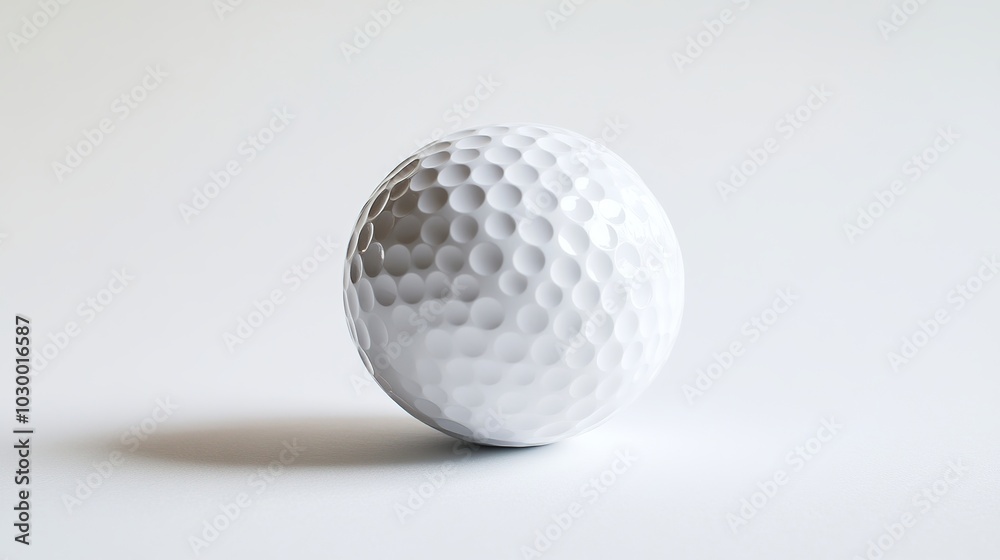 Golf ball sits alone on a white background. Isolated image with no other objects in the frame. Ball is perfectly round and white, with dimples covering its surface. Background is completely white Golf ball sits alone on a white background. Isolated image with no other objects in the frame. Ball is perfectly round and white, with dimples covering its surface. Background is completely white