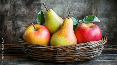 Fresh Apples and Pears in a Rustic Basket