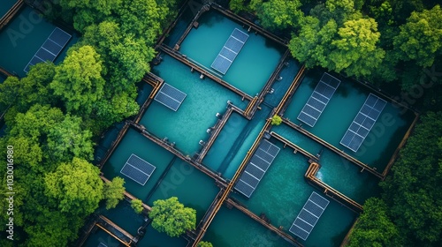 Solar farm panels placed on the river.