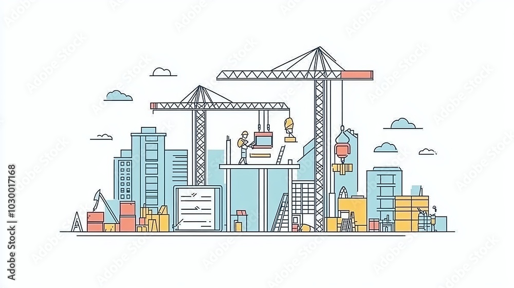 Obraz premium Illustrate the concept of under construction using flat line vector designs. Showcase the web page building process with a presentation template. Create visually appealing website banners